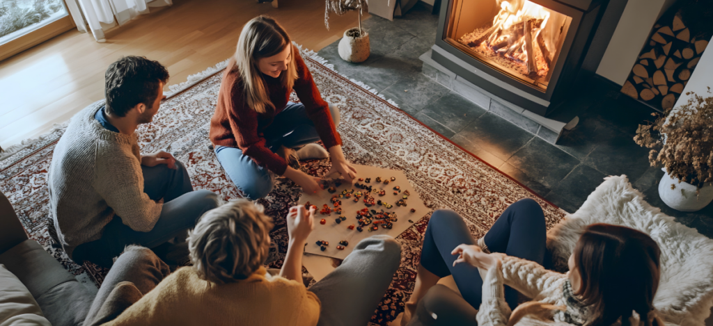 Family playing board games by fire
